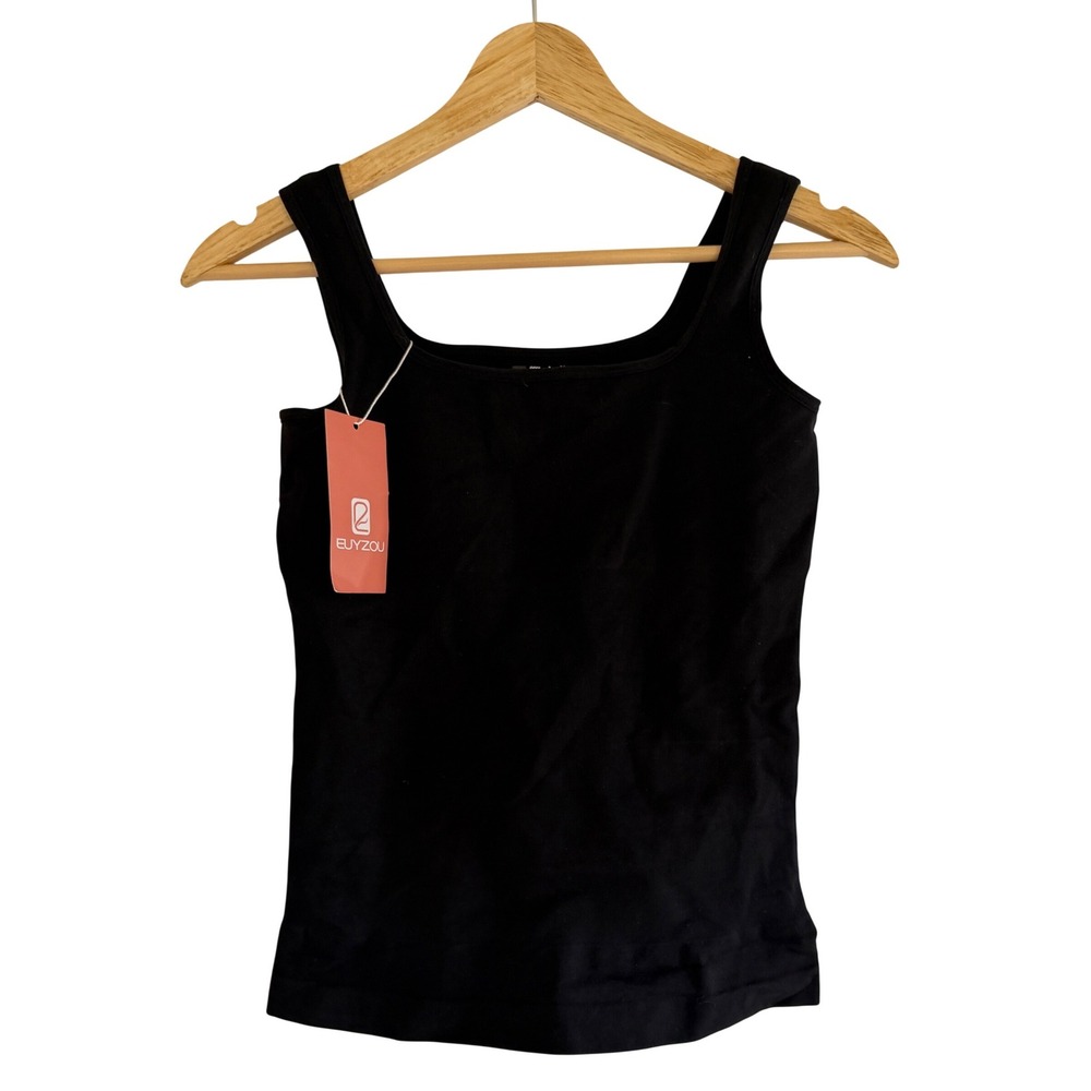EUYZOU Womens Seamless Square Neck Tank Top Black‎ Wide Strap Stretch Large NWT